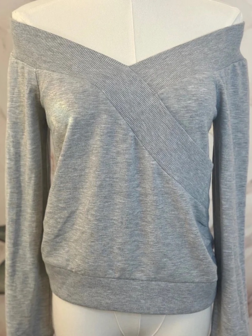 Women's Off-Shoulder Cross-Front Sweater - Light Gray